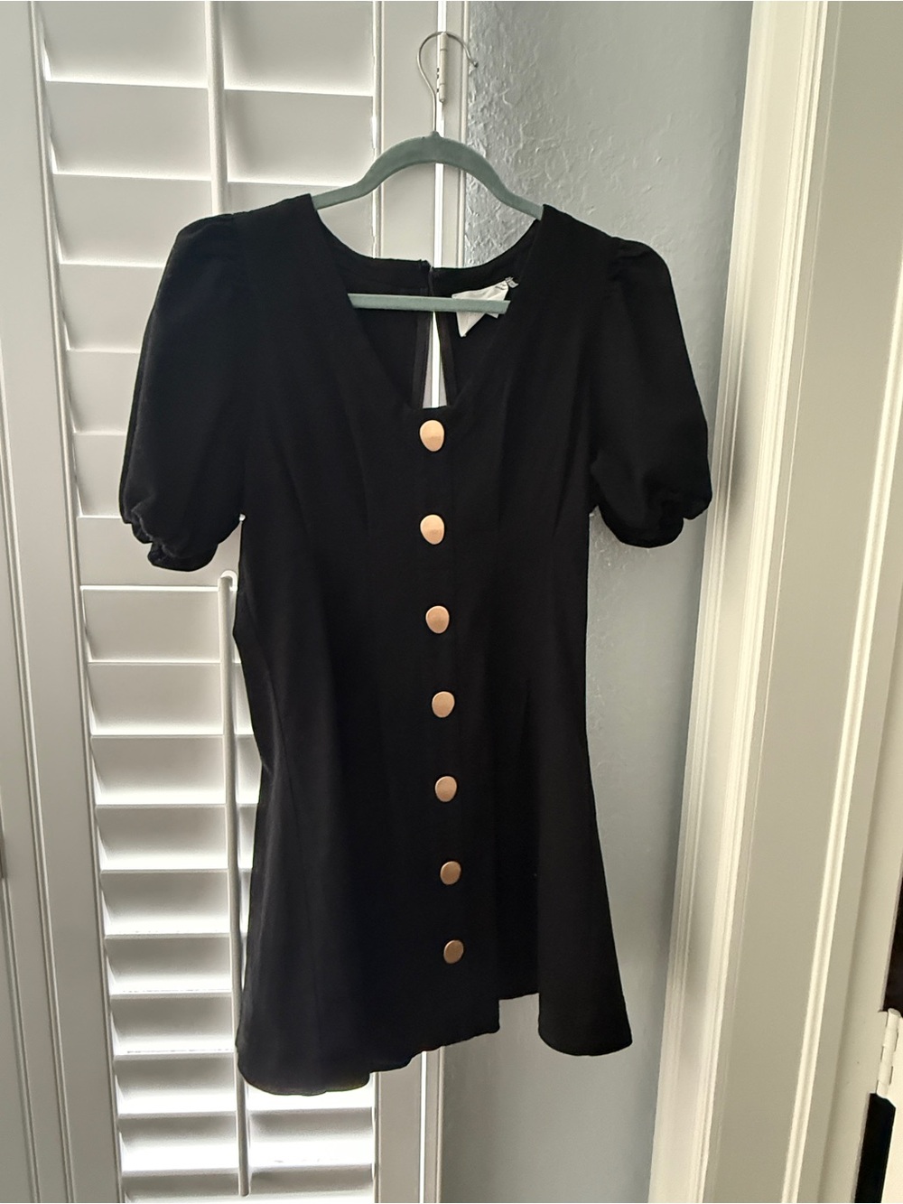 Black Puff Sleeve Mini Dress with Gold Buttons